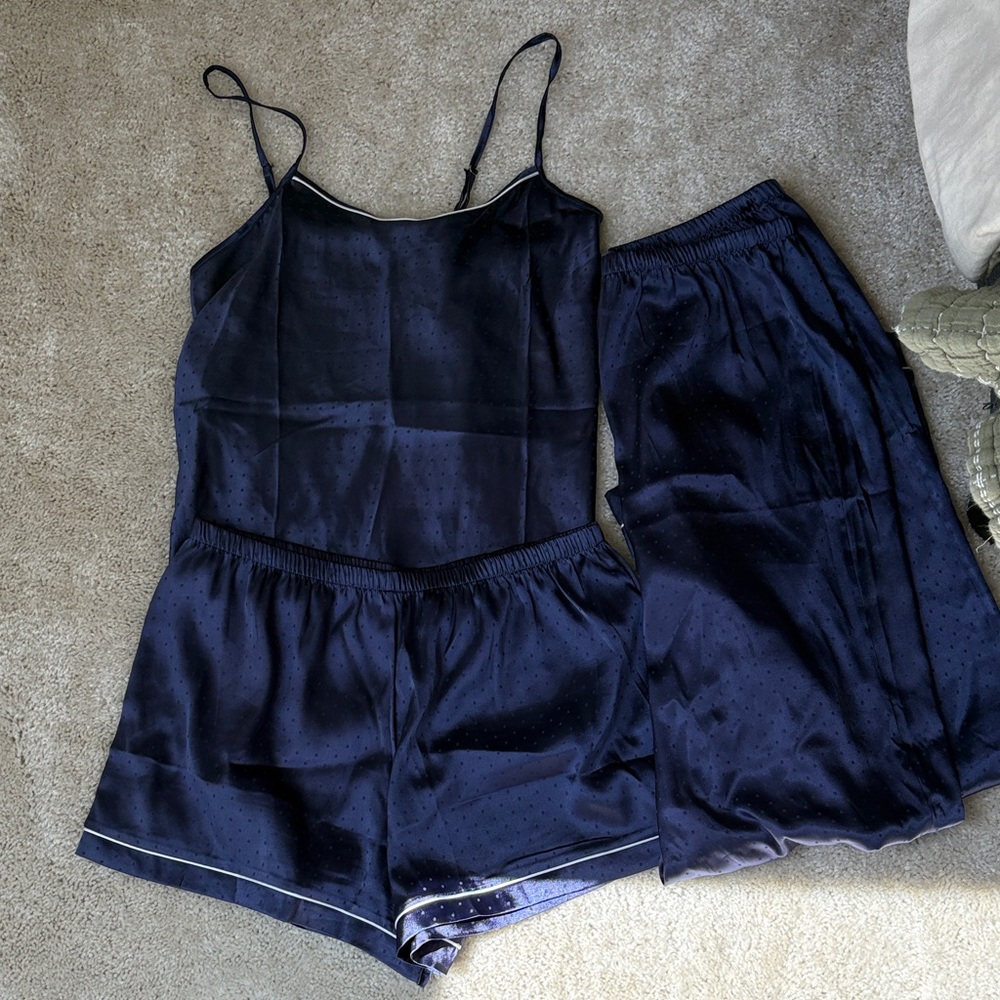 Navy Satin Sleep Set - Women's 3-Piece Pajama Set